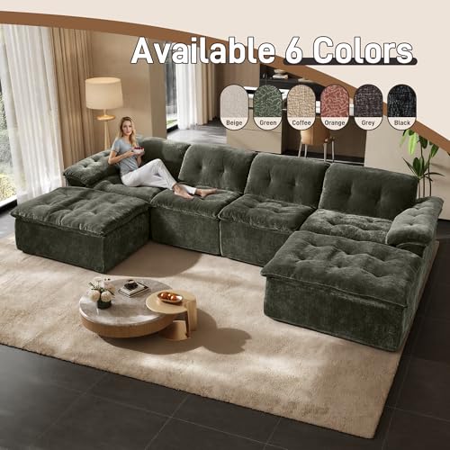 Image of 157 inch Oversized U Shaped Sectional Cloud Couch, Large Modern Cloud Sectional Couch with Ottoman, Chenille 6 Seat Sofa Set, Modular Sectional Sofa for Living Room, No Assembly Required, Green