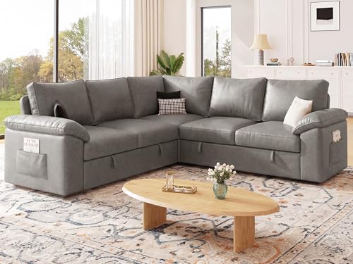 Image of 85 Inch Faux Leather Modular Sectional Sofa with Pull Out Bed, L Shaped 5 Seat Sectional Sleeper Sofa with Storage, Sectional Couches for Living Room, Cloud Modular Couch,Gray Leather