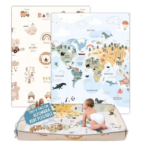 HUBORNS - Alfombra bebé plegable acolchada 140×180cm para juegos y gateo, manta de actividades impermeable y reversible, tapete infantil antideslizante, regalo ideal recién nacidos (Mapa M)