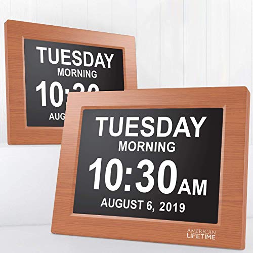American Lifetime Newest Version, Day Clock Extra Large Impaired Vision Digital Clock with Battery Backup and 5 Alarm Options, Brown Wood Color 2 Pack