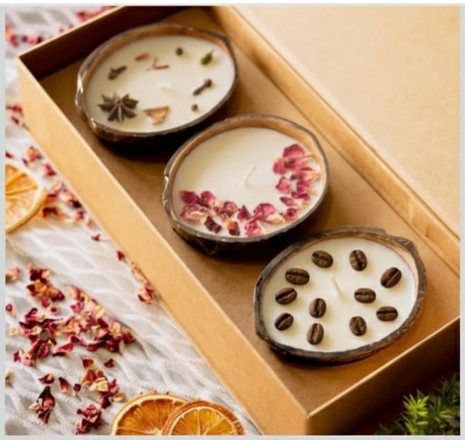 Coconut Shell Soy Wax Candle with Cinnamon, Star Anise, Cardamom and Clove, Spice Scented, Gift Set 1
