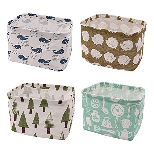 YUNSHANGHE Set di 4 cestini portaoggetti per bambini, in lino, pieghevole, con 2 manici, per riporre la scrivania e la casa, 20 x 16 x 14 cm (alberi, animali)