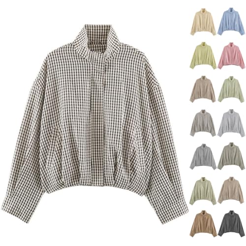 Plaid Bomber Jacket Women Oversized Cropped Funnel Neck Gingham Jacket - image 1