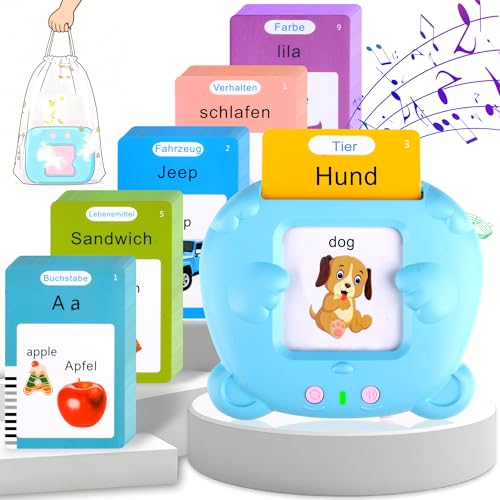 Sprechende Lernkarten Deutsch und Englisch, 255 Blätter 510 Wörter, Sprachspiele Interaktives Spielzeug für Mädchen Jungen Blau