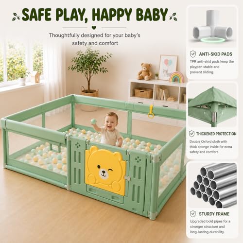 Image of 180 x 200 cm Playpen for Babies upto 3 with Mat and Balls, Indoor Baby Play Area Indoor Outdoor Setup Portable Baby Play Yard Fence for Toddlers Kids with Safety Gate, Breathable Mesh Playpen, 16 Sq Ft (Green, Mesh with Gate)