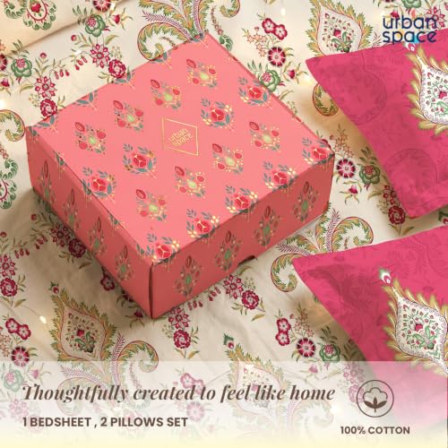 Image of Urban Space Festive Gifting Set - 100% Cotton Double Bedsheet with 2 Pillow Covers, Double Bedsheet Gift Set in Gift Box, 90 x 100 Inch, Motif Red | Diwali, Festive & Housewarming Gift