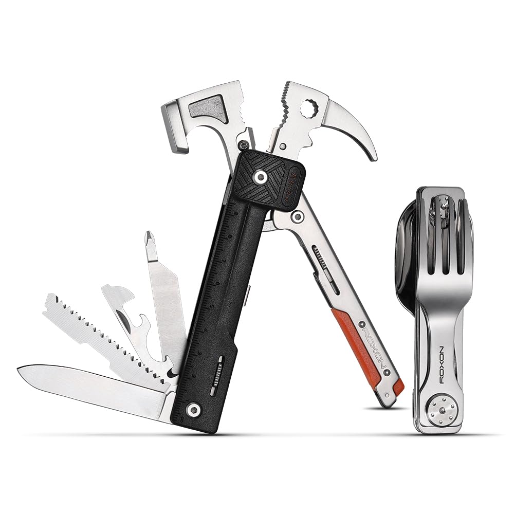 ROXON Camping-Essentials-Set – 3-in-1 Outdoor-Survival-Klappbesteck C1S & Adventure-Multifunktionshammer H1