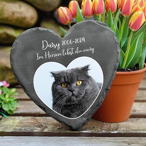 Bl4ckPrint Grabplatte Hund und Katze mit Foto und Gravur in Herzform | Grabmal Wetterfester Gedenkstein Grabstein mit Foto Tiergrabstein 10x10cm