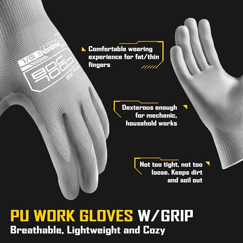 Image of COOLJOB 12 /60 Pairs Safety Work Gloves Pack Bulk with Grip PU Coating | Breathable Lightweight Gloves with Polyurethane Dipped for Men Women, 13 Gauge Seamless Knit Thin Gloves, Grey Medium