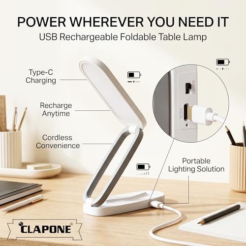 Image of LED Desk Lamp Rechargeable, Foldable & Portable Table Lamp for Study, Office & Home, 3 Brightness Levels with Touch Control, Wireless Battery Operated Reading Light, Eye-Caring LED Desk (White-Grey)