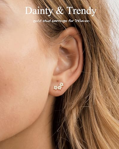 14K Gold Stud Earrings for Women Hypoallergenic 925 Sterling Silver Post Cartilage Climber Earring Dainty Pearl Star Earrings Flower Diamond CZ Earrings Stud Gold Jewelry2