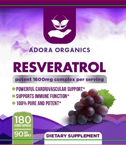 Adora Organics Resveratrol 1600mg, Trans-Resveratrol Antioxidant Supplement with Green Tea, Grape Seed Extract and Quercetin, Helps to Support Digestive Health and Immune System, 180 Capsules