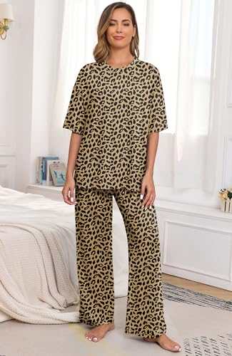 Image of PrinStory Womens Pajamas Sets 2 Piece Lounge Set Short Sleeve Tops and Long Pants Soft Pjs Loungewear with Pockets