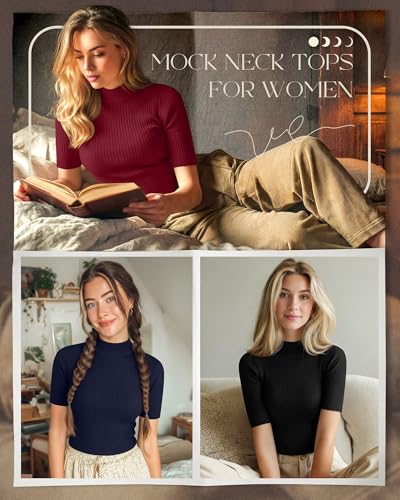 Image of Huukeay 4 Pack Women 1 /2 Half Sleeve Tops Mock Turtleneck Shirts