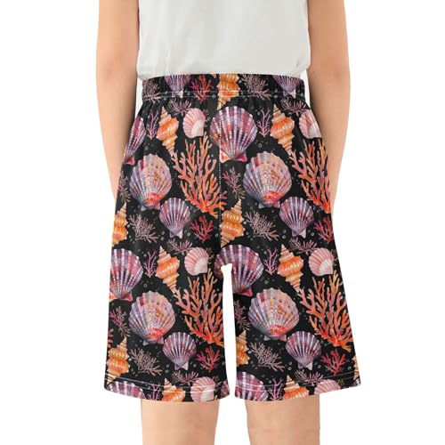 ALAZA Seashell Coral Reef Black Pajama Shorts Elastic Waist Casual Sleep Shorts with Pockets Size 6-142