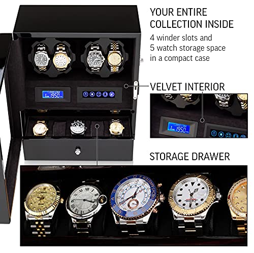 Image of 4 Watch Winder with 5 Watch Storage Space, LCD Display, Touch Control and Interior Light