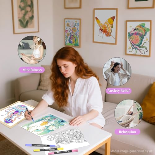 Image of Adult Coloring Book with 24 Dual Tip Colors Markers, 12 Pcs Premium Coloring Pages & 2 Pcs Wooden Photo Frames & 24 Colors Markers, Mindfulness Art-Painting-Kits Gifts for Women - Flowers