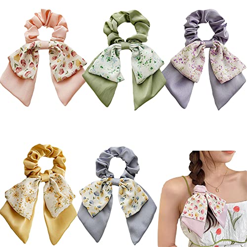 5Pcs Short Hair Scarf With Ribbon Hair Bow Scrunchies Elegant Bow Hair Ties Floral Hair Scrunchies Chiffon Bowknot Hair Scrunchies For Women #TOP19
