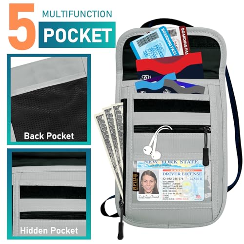 Image of RFID Blocking Travel Neck Wallet Pouch with RFID Blocking Sleeves, Travel Neck Pouch Passport Holder Keep Your Cash, Credit Card for Women & Men - Grey