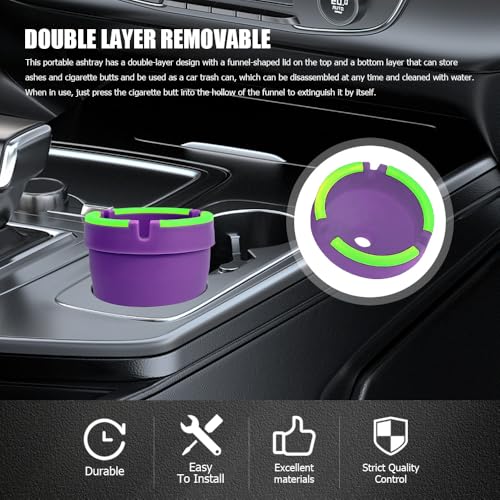 Image of Glow in The Dark Ashtray, Car Ashtray, Cigarette Self-Extinguishing Car Cup Holder Ashtrays with Lid, Universal Portable Mini Vehicle Cigarette Trash Can Auto Accessories for Cars (Purple)