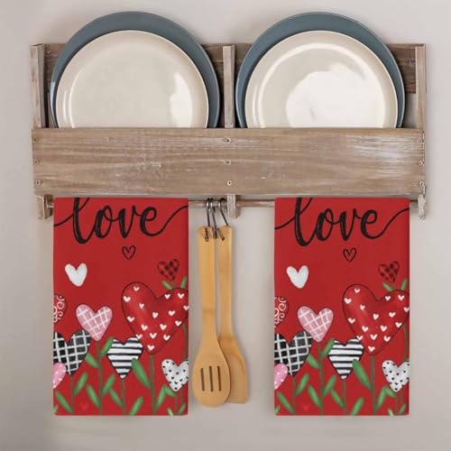 Image of Valentines Kitchen Towels Love Heart Flower Hand Towels Black Red Valentines Day Dish Towel Soft Absorbent Quick Drying 4 Pack Dish Cloths 18x28 Inch Anniversary Wedding Decoration