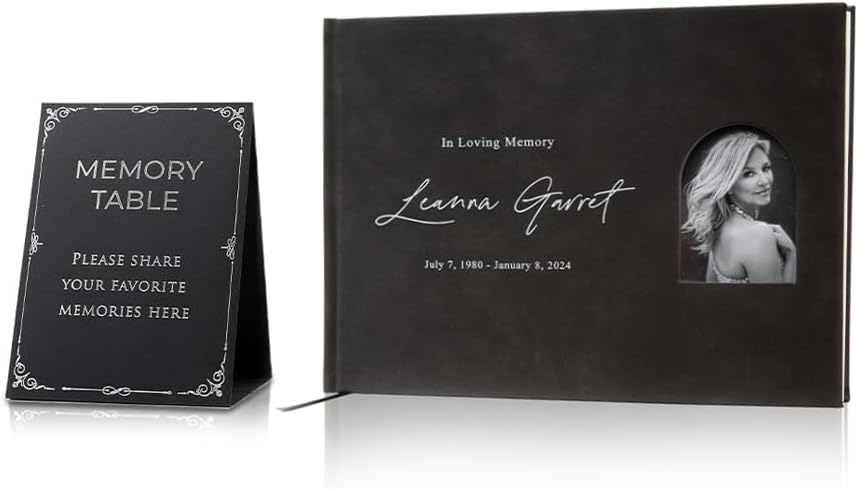 Personalized Funeral Guest Book with Photo Cover (Black - Design 3) - 11.5 x 8.5" In Loving Memory Celebration of Life Memorial Registry Book Hardcover, Sign Included, Lined Pages, 2.5 x 4" Photo Slot