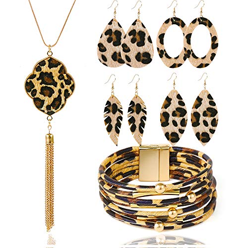 Dremcoue Leopard Jewelry Set for Women Girls Statement Leopard Print Earrings Y-Shaped Long Leopard Necklace with Tassel Leather Cuff Leopard Bracelet 6 Pcs