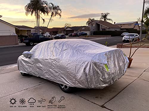 Image of Tecoom Heavy Duty Multiple Layers Car Cover All Weather Waterproof Windproof Reflective Snow Sun Rain Protective Outdoor with Buckles and Belt Fit 191-200 Inches Sedan