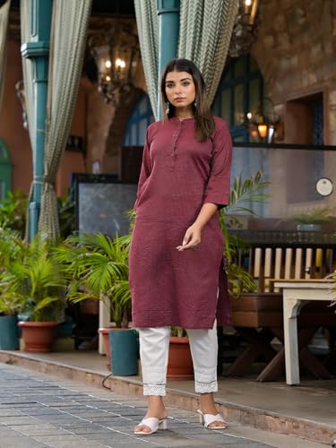 Image of Juniper Bottle Green Striped Printed Cotton Kurta with Button Detail