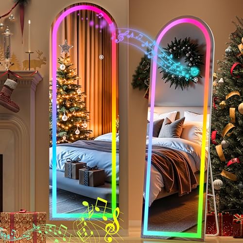 Hasipu Arch Full Length Mirror 56 x 16 in with Stand Arch LED RGB Full Body Mirror 7 Lighting Modes Dimmable Builtin Bluetooth Speaker White Frame for Bedroom Dressing Room