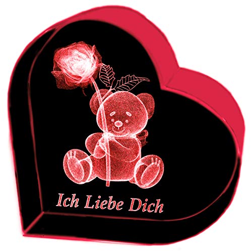 Kaltner Präsente Geschenkidee u0096 Herz aus Glas: Kristallglas mit 3D-Laser-Gravur Teddy Rose ICH LIEBE DICH