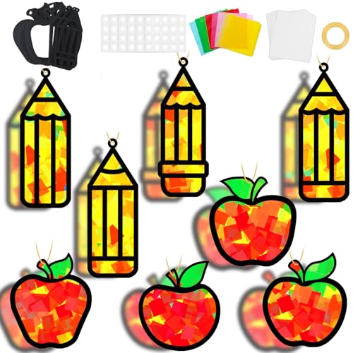 32 Sets Back to School Apple Pencil Suncatchers Craft Kit DIY Window Stained Glass Effect First Day of School Paper Craft Home Classroom Decoration Kid Birthday Gift Creative Art Project Activity Game