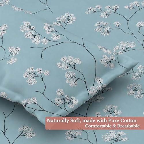 Image of Jaipur Weaves King Size Fitted Bedsheet with Elastic, 100% Pure Cotton King Size Fitted Bedsheet for Double Bed with 2 Pillow Covers, 240 TC, 72x78 Inches up to 8-inch Mattress, Floral Design (Blue)