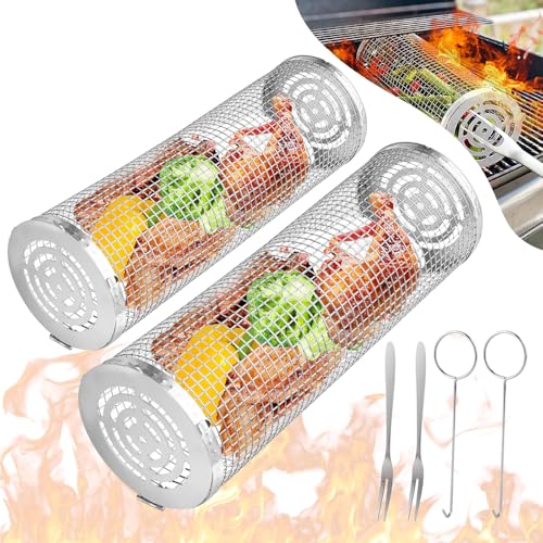 2 Stück Rollender Grillkorb, Grillkorb Gemüse, Edelstahl Große Runde Grillkörbe mit Haken Gabeln Set, Outdoor Küche Grillkorb Rund für Gemüse, Fisch, Fleisch, Geschenke Geschenkkorb für BBQ Enthusias