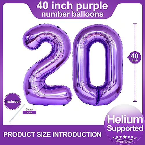 Image of Number 20 Purple Balloons 40 Inch Giant Purple 20 Number Foil Helium Balloons for 20th Purple Birthday Party Supplies 20th Anniversary Events Decorations