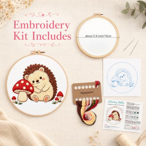 Image of Nuberlic Embroidery Kit for Beginners Stamped Hedgehog Needlepoint | Stamped Animal Embroidery Starter Kit for Adults Complete Cross Stitch Kit Home Decor, Gifts And Relaxing Art