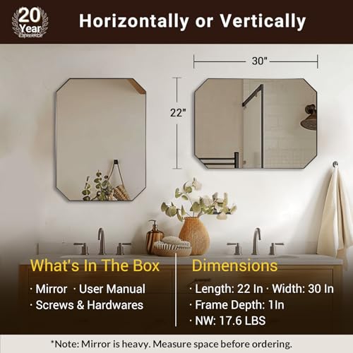 Image of ANDY STAR Brushed Nickel Octagon Bathroom Mirror, 22x30 Inch Stainless Steel Metal Frame, Anti-Rust, Shatterproof HD Glass, Wall Mounted for Bathroom, Bedroom, Living Room