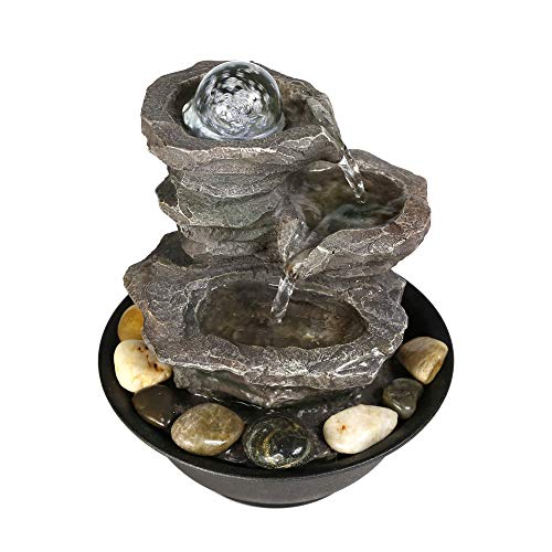 Bbabe 3 Tier Rock Fall Tabletop Zen Fountain 11 2/5", Feng Shui Meditation Waterfall Fountain With Crystal Ball Accent And Led Light For Indoor Home Office Decoration #TOP4