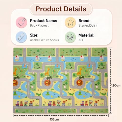 Image of StarAndDaisy Foldable Baby Play Mat 5 x 4 ft, 6MM Thick XPE Foam Playmat, Reversible 2-in-1 Design, Lightweight Cushioned Floor Mat for Crawling, Playing & Learning