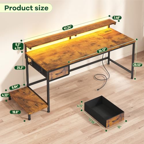 Image of DurayLoly 47.2 inch Office Desk with Power Outlet & Monitor Stand,Rustic Brown