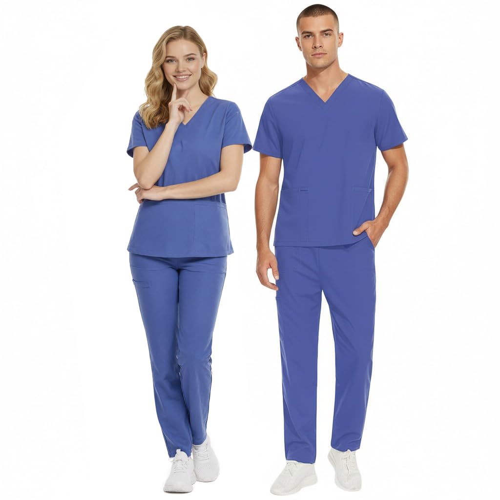 Conjunto de Pijama Quirúrgico de Manga Corta Unisex Top con Cuello en V y 2 Bolsillos Pantalón Recto con Cintura Ajustable Uniforme Médico DK86