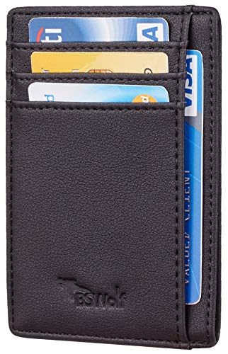 BSWolf RFID Blocking Minimalist Credit Card Holder Slim Front Pocket Genuine Leather Wallets for Men & Women (Smooth Black)