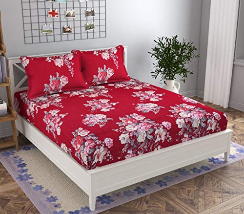 Image of Precsie Fabrics Luxrious Elastic Fitted Glace Cotton King Size (84x75x Upto 8 Inches) Bedsheet with 2 Pillow Covers-200TC (REd Flower)