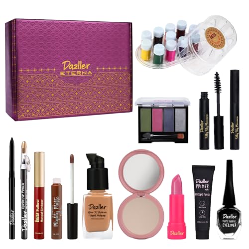 Dazller Grand Glam Kit – Medium Skintone, All-in-One Makeup Set with Primer, Liquid Foundation, Kajal, Mascara, Eyeshadow & More, Long-Stay, Lightweight, Water-Resistant, Suitable for All Skin Types, 99.85g