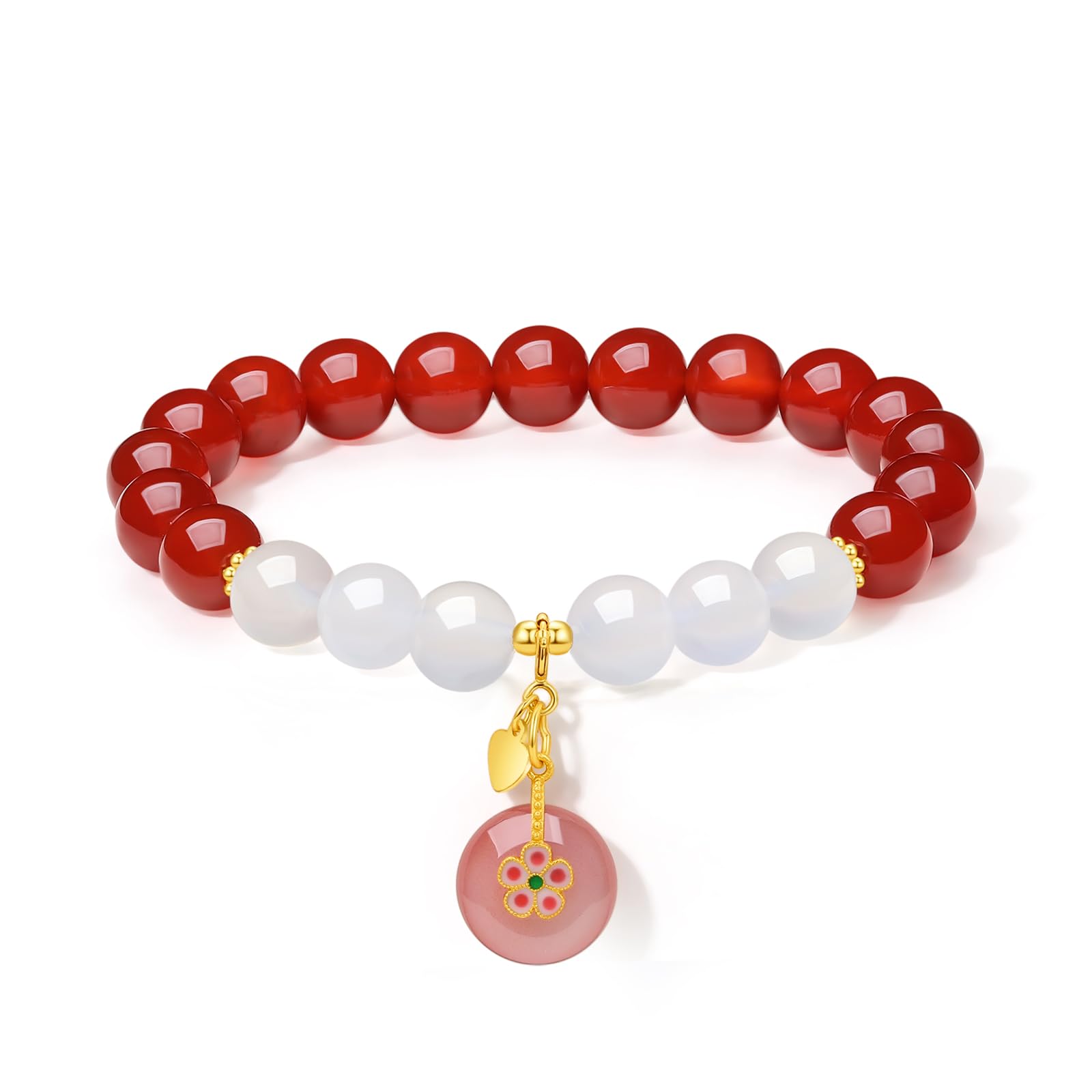 ZHOU LIU FUWhite Jade Bead Charm Bracelet Red Agate Beaded Bracelets with Pink Agate Bead Charm Gemstone Healing Stretch Bracelets for Women