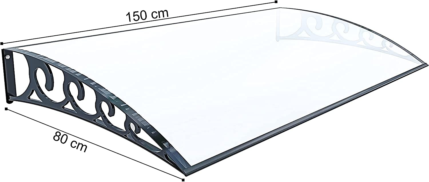 BRICOZONE Pensilina In Policarbonato Alveolare Trasparente Braccetti In ABS Profili In Alluminio Copertura 5 Mm Modulare Estensibile Protezione Ingresso Porta Resistente A Pioggia Neve (80 x 150 cm)