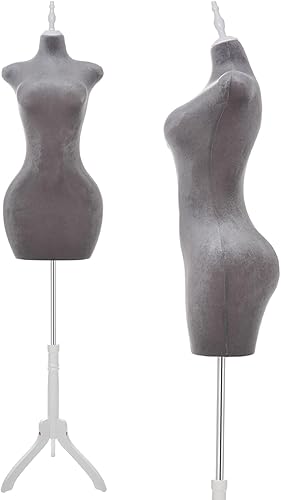 KTMANEQ Torso de maniquí femenino con curvas ajustables con soporte, forma de vestido pinable para ropa (gris, terciopelo)