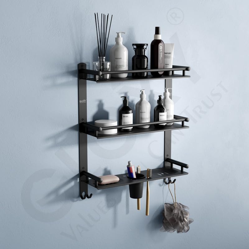 GLOXY Black Matte Finish 4 in 1 Multipurpose Stainless Steel 3 Layer Bathroom Shelf Racks and Shelves with Soap Dish, Toothbrush & Paste Holder for Bathroom Accessories and Fittings (15 x 5 Inches) (B0CTPZ1C7H) Amazon Price History, Amazon Price Tracker