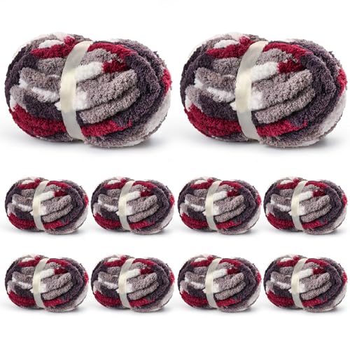 Image of 10 Pack Jumbo Chunky Yarn for Hand Knitting, Fluffy Variegated Chunky Chenille Yarn for Crocheting, 240yds /70.5oz Super Bulky Soft Crochet Baby Blanket Yarn(White-Grey-Wine Red)