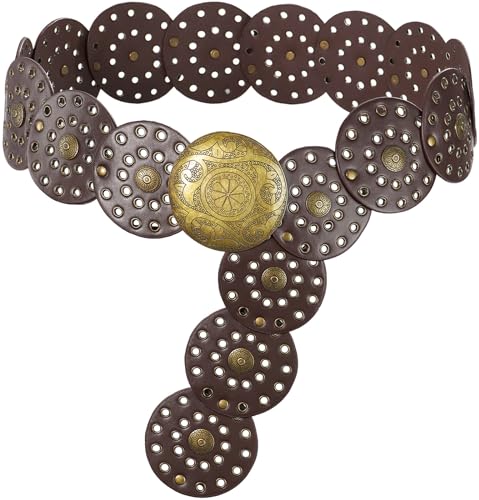 Wide Disc Belt for Women Vintage Hollow Boho Leather Belt Western Chunky Waist Belt Cowboy Metal Buckle Concho Belts